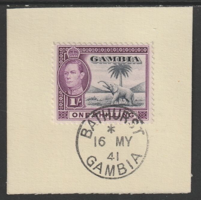 Gambia 1938-46 KG6 Elephant & Palm 1s on piece with full strike of Madame Joseph forged postmark type 174, stamps on , stamps on  stamps on elephants, stamps on  stamps on  kg6 , stamps on  stamps on trees, stamps on  stamps on forgeries