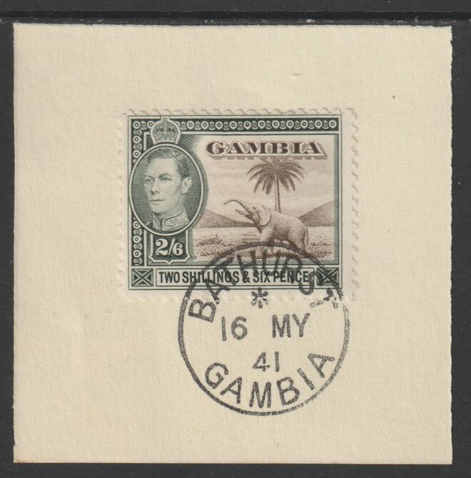 Gambia 1938-46 KG6 Elephant & Palm 2s6d on piece with full strike of Madame Joseph forged postmark type 174, stamps on elephants, stamps on  kg6 , stamps on trees, stamps on forgeries