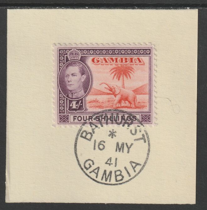 Gambia 1938-46 KG6 Elephant & Palm 4s on piece with full strike of Madame Joseph forged postmark type 174, stamps on elephants, stamps on  kg6 , stamps on trees, stamps on forgeries