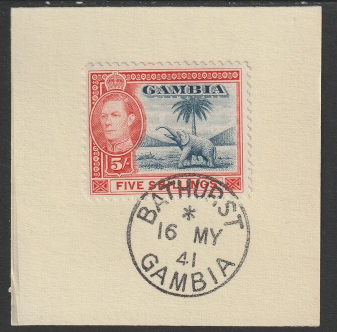 Gambia 1938-46 KG6 Elephant & Palm 5s on piece with full strike of Madame Joseph forged postmark type 174, stamps on , stamps on  stamps on elephants, stamps on  stamps on  kg6 , stamps on  stamps on trees, stamps on  stamps on forgeries