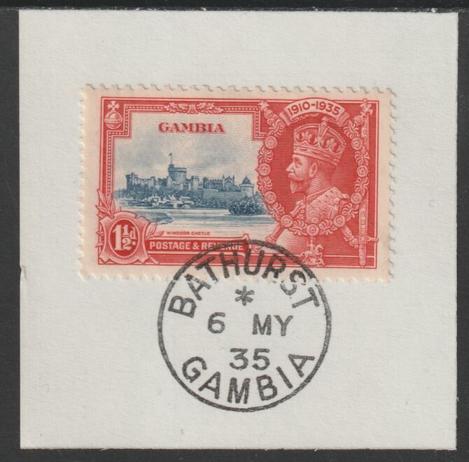 Gambia 1935 KG5 Silver Jubilee 1.5d on piece with full strike of Madame Joseph forged postmark type 172, stamps on silver jubilee, stamps on  kg5 , stamps on trees