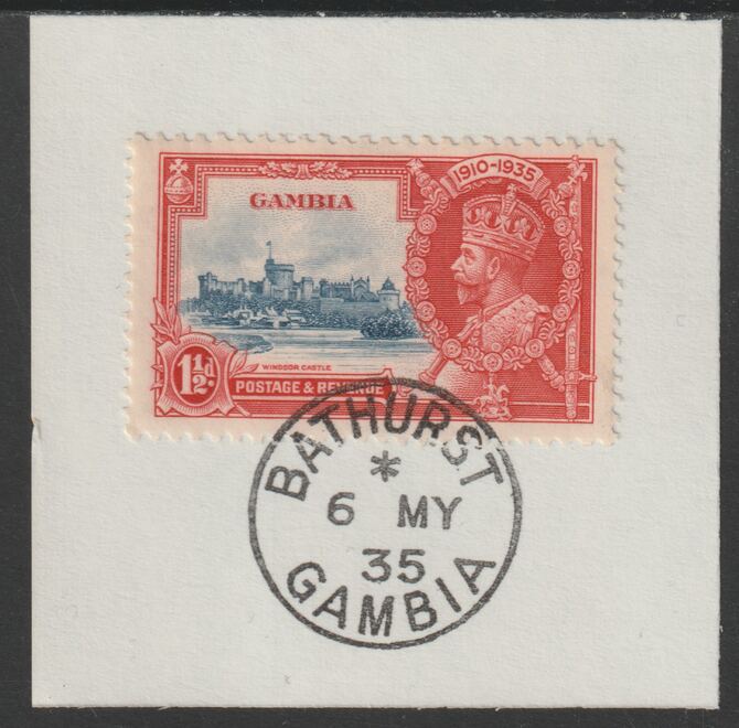 Gambia 1935 KG5 Silver Jubilee 1.5d on piece with full strike of Madame Joseph forged postmark type 172, stamps on , stamps on  stamps on silver jubilee, stamps on  stamps on  kg5 , stamps on  stamps on trees