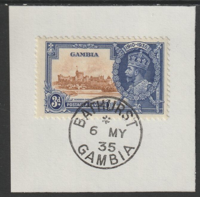 Gambia 1935 KG5 Silver Jubilee 3d on piece with full strike of Madame Joseph forged postmark type 172, stamps on silver jubilee, stamps on  kg5 , stamps on trees