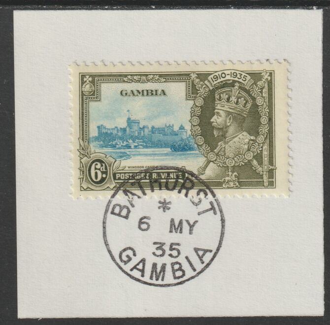 Gambia 1935 KG5 Silver Jubilee 6d on piece with full strike of Madame Joseph forged postmark type 172, stamps on silver jubilee, stamps on  kg5 , stamps on trees