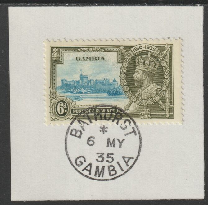 Gambia 1935 KG5 Silver Jubilee 6d on piece with full strike of Madame Joseph forged postmark type 172, stamps on , stamps on  stamps on silver jubilee, stamps on  stamps on  kg5 , stamps on  stamps on trees