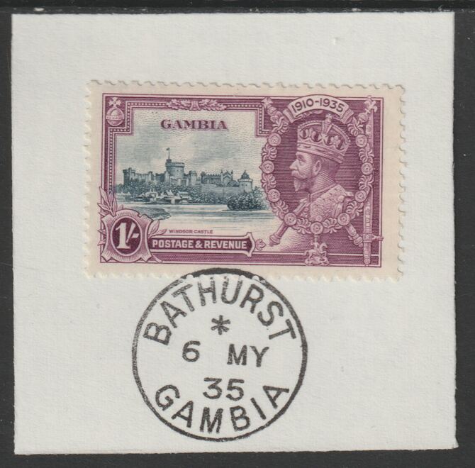 Gambia 1935 KG5 Silver Jubilee 1s on piece with full strike of Madame Joseph forged postmark type 172, stamps on silver jubilee, stamps on  kg5 , stamps on trees