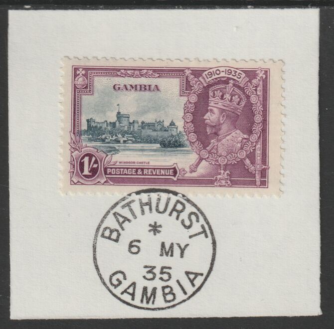 Gambia 1935 KG5 Silver Jubilee 1s on piece with full strike of Madame Joseph forged postmark type 172, stamps on , stamps on  stamps on silver jubilee, stamps on  stamps on  kg5 , stamps on  stamps on trees