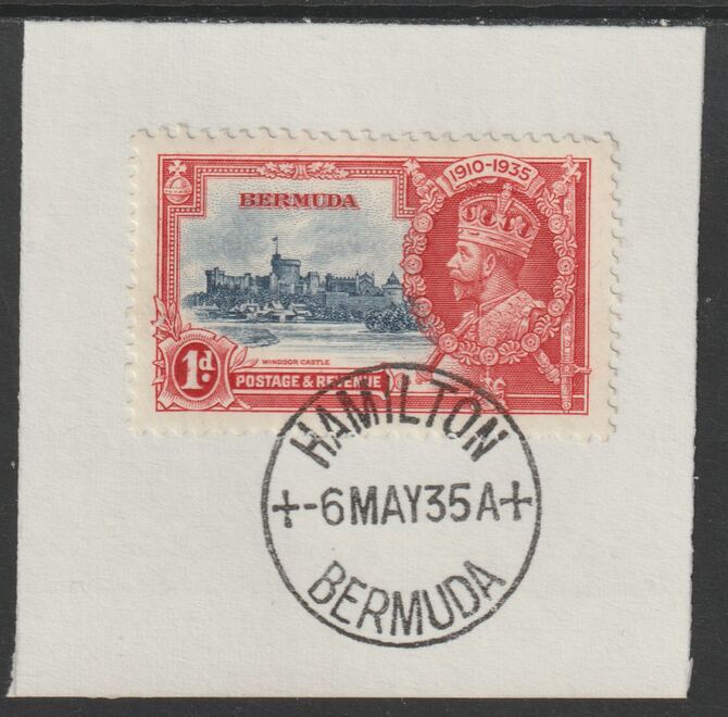 Bermuda 1935 KG5 Silver Jubilee 1d (SG 94) on piece with full strike of Madame Joseph forged postmark type 61 (First day of issue), stamps on , stamps on  stamps on , stamps on  stamps on  kg5 , stamps on  stamps on silver jubilee, stamps on  stamps on castles