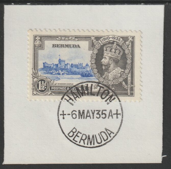 Bermuda 1935 KG5 Silver Jubilee 1.5d (SG 95) on piece with full strike of Madame Joseph forged postmark type 61 (First day of issue), stamps on , stamps on  stamps on , stamps on  stamps on  kg5 , stamps on  stamps on silver jubilee, stamps on  stamps on castles