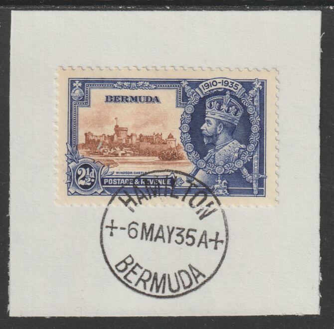 Bermuda 1935 KG5 Silver Jubilee 2.5d (SG 96) on piece with full strike of Madame Joseph forged postmark type 61 (First day of issue), stamps on , stamps on  stamps on , stamps on  stamps on  kg5 , stamps on  stamps on silver jubilee, stamps on  stamps on castles