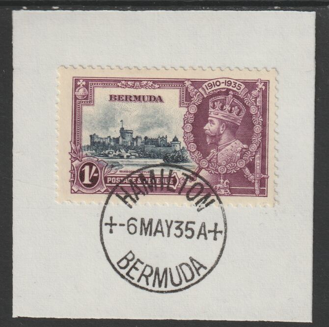 Bermuda 1935 KG5 Silver Jubilee 1s (SG 97) on piece with full strike of Madame Joseph forged postmark type 61 (First day of issue), stamps on , stamps on  kg5 , stamps on silver jubilee, stamps on castles