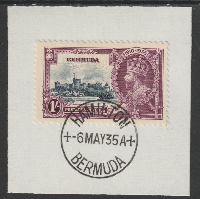 Bermuda 1935 KG5 Silver Jubilee 1s (SG 97) on piece with full strike of Madame Joseph forged postmark type 61 (First day of issue), stamps on , stamps on  stamps on , stamps on  stamps on  kg5 , stamps on  stamps on silver jubilee, stamps on  stamps on castles