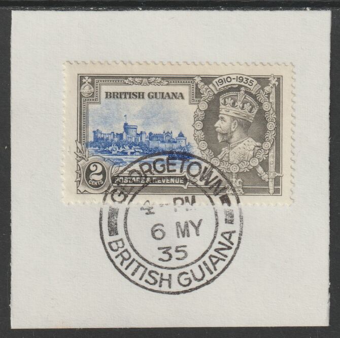 British Guiana 1935 KG5 Silver Jubilee 2c (SG 301) on piece with full strike of Madame Joseph forged postmark type 69 (First day of issue), stamps on , stamps on  kg5 , stamps on silver jubilee, stamps on castles