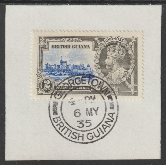 British Guiana 1935 KG5 Silver Jubilee 2c (SG 301) on piece with full strike of Madame Joseph forged postmark type 69 (First day of issue), stamps on , stamps on  stamps on , stamps on  stamps on  kg5 , stamps on  stamps on silver jubilee, stamps on  stamps on castles