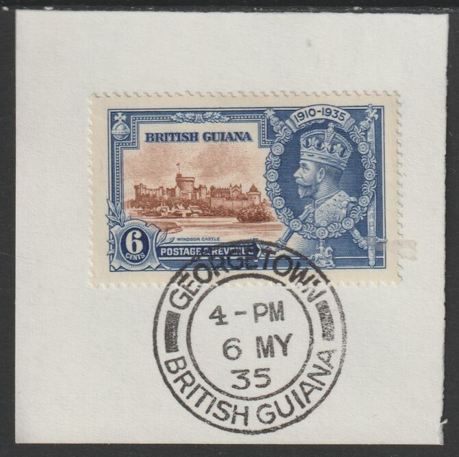 British Guiana 1935 KG5 Silver Jubilee 6c (SG 302) on piece with full strike of Madame Joseph forged postmark type 69 (First day of issue), stamps on , stamps on  kg5 , stamps on silver jubilee, stamps on castles