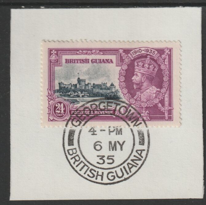 British Guiana 1935 KG5 Silver Jubilee 24c (SG 304) on piece with full strike of Madame Joseph forged postmark type 69 (First day of issue), stamps on , stamps on  kg5 , stamps on silver jubilee, stamps on castles