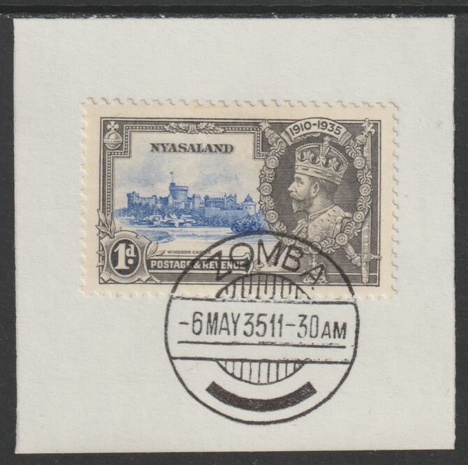 Nyasaland 1935 KG5 Silver Jubilee 1d (SG 123) on piece with full strike of Madame Joseph forged postmark type 314 (First day of issue), stamps on , stamps on  stamps on , stamps on  stamps on  kg5 , stamps on  stamps on silver jubilee, stamps on  stamps on castles