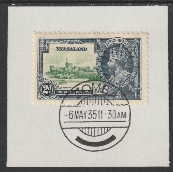 Nyasaland 1935 KG5 Silver Jubilee 2d (SG 124) on piece with full strike of Madame Joseph forged postmark type 314 (First day of issue), stamps on , stamps on  kg5 , stamps on silver jubilee, stamps on castles