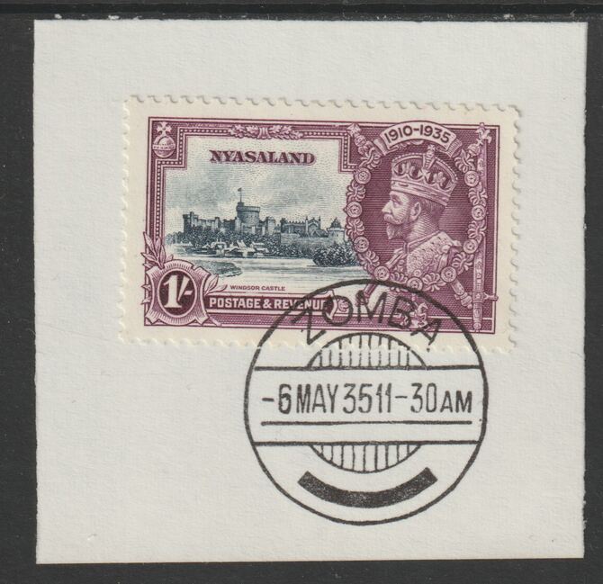 Nyasaland 1935 KG5 Silver Jubilee 1s (SG 126) on piece with full strike of Madame Joseph forged postmark type 314 (First day of issue), stamps on , stamps on  kg5 , stamps on silver jubilee, stamps on castles