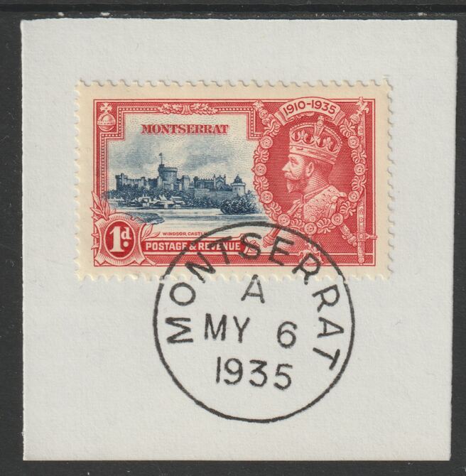 Montserrat 1935 KG5 Silver Jubilee 1d (SG 94) on piece with full strike of Madame Joseph forged postmark type 259 (First day of issue), stamps on , stamps on  stamps on , stamps on  stamps on  kg5 , stamps on  stamps on silver jubilee, stamps on  stamps on castles