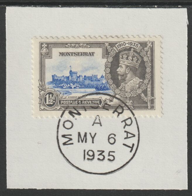 Montserrat 1935 KG5 Silver Jubilee 1.5d (SG 95) on piece with full strike of Madame Joseph forged postmark type 259 (First day of issue), stamps on , stamps on  stamps on , stamps on  stamps on  kg5 , stamps on  stamps on silver jubilee, stamps on  stamps on castles