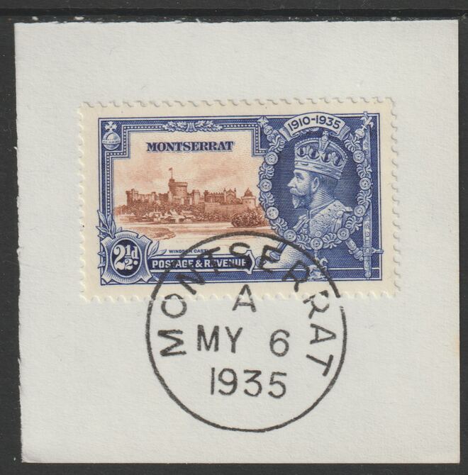 Montserrat 1935 KG5 Silver Jubilee 2.5d (SG 96) on piece with full strike of Madame Joseph forged postmark type 259 (First day of issue), stamps on , stamps on  stamps on , stamps on  stamps on  kg5 , stamps on  stamps on silver jubilee, stamps on  stamps on castles