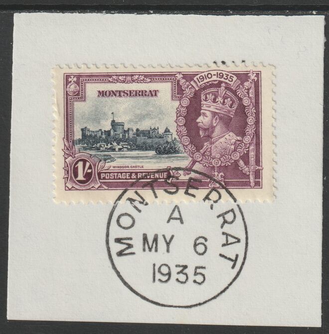 Montserrat 1935 KG5 Silver Jubilee 1s (SG 97) on piece with full strike of Madame Joseph forged postmark type 259 (First day of issue), stamps on , stamps on  kg5 , stamps on silver jubilee, stamps on castles