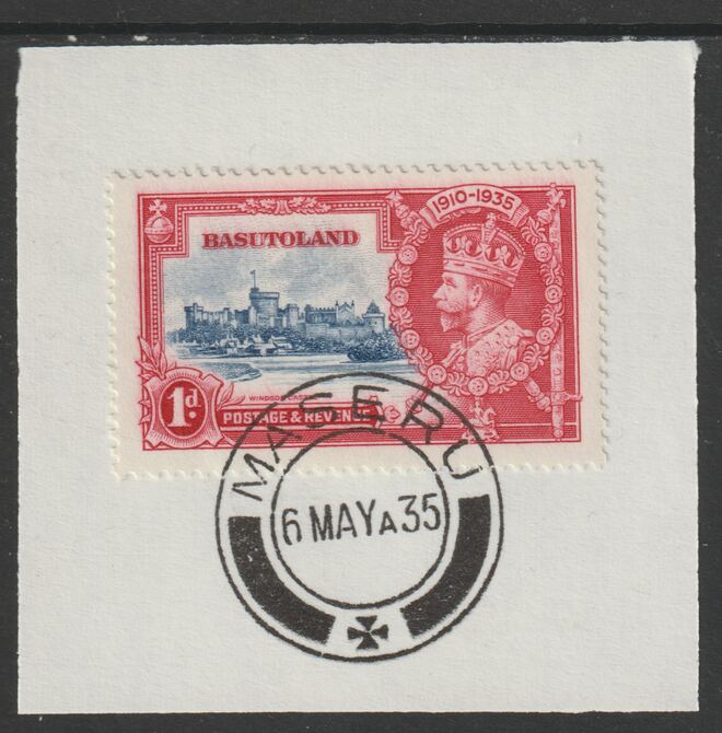 Basutoland 1935 KG5 Silver Jubilee 1d (SG 11) on piece with full strike of Madame Joseph forged postmark type 52 (First day of issue), stamps on , stamps on  kg5 , stamps on silver jubilee, stamps on castles