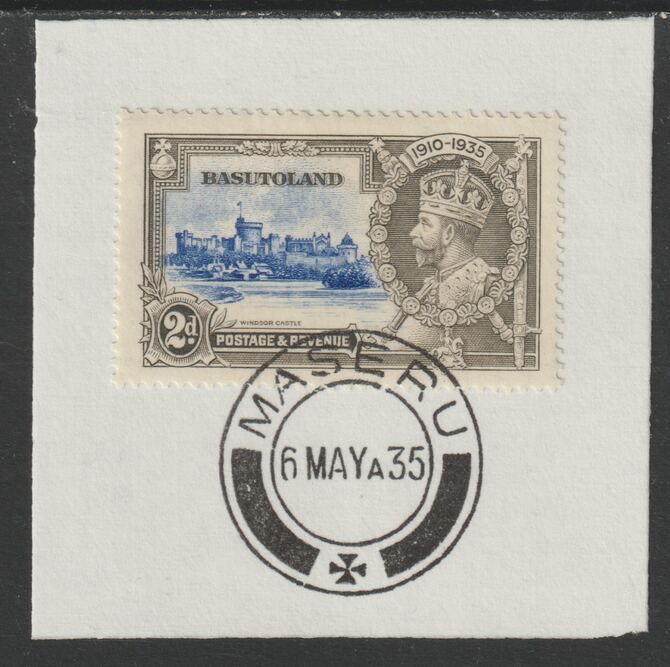 Basutoland 1935 KG5 Silver Jubilee 2d (SG 12) on piece with full strike of Madame Joseph forged postmark type 52 (First day of issue), stamps on , stamps on  kg5 , stamps on silver jubilee, stamps on castles