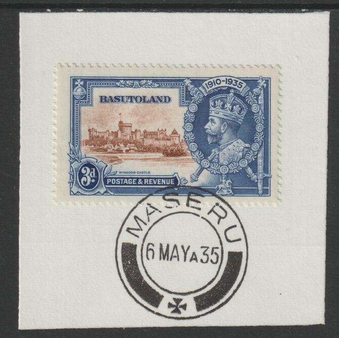 Basutoland 1935 KG5 Silver Jubilee 3d (SG 13) on piece with full strike of Madame Joseph forged postmark type 52 (First day of issue), stamps on , stamps on  stamps on , stamps on  stamps on  kg5 , stamps on  stamps on silver jubilee, stamps on  stamps on castles
