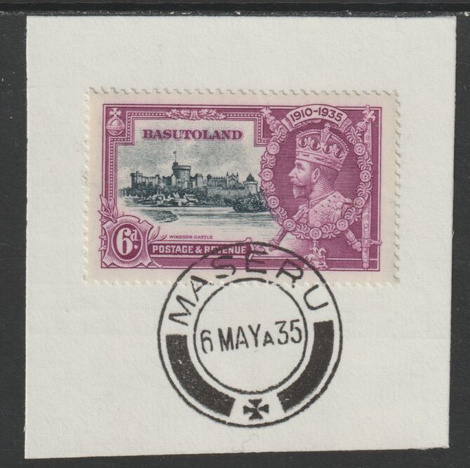 Basutoland 1935 KG5 Silver Jubilee 6d (SG 14) on piece with full strike of Madame Joseph forged postmark type 52 (First day of issue), stamps on , stamps on  kg5 , stamps on silver jubilee, stamps on castles