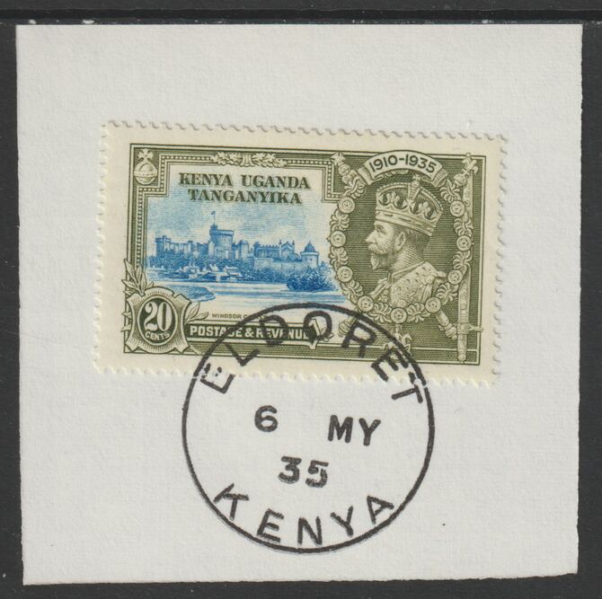 Kenya, Uganda & Tanganyika 1935 KG5 Silver Jubilee 20c (SG 124) on piece with full strike of Madame Joseph forged postmark type 224 (First day of issue), stamps on , stamps on  kg5 , stamps on silver jubilee, stamps on castles