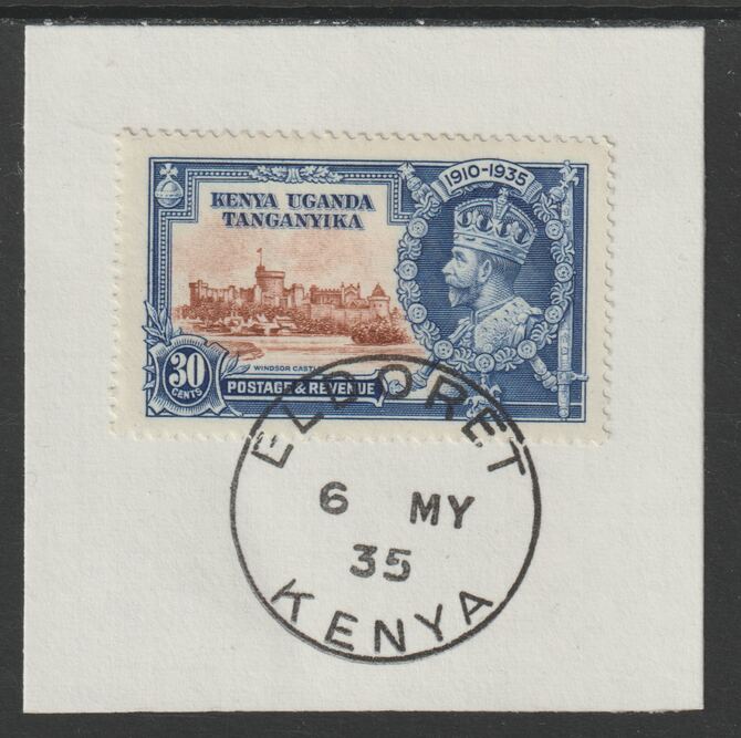 Kenya, Uganda & Tanganyika 1935 KG5 Silver Jubilee 30c (SG 125) on piece with full strike of Madame Joseph forged postmark type 224 (First day of issue), stamps on , stamps on  stamps on , stamps on  stamps on  kg5 , stamps on  stamps on silver jubilee, stamps on  stamps on castles