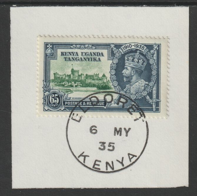 Kenya, Uganda & Tanganyika 1935 KG5 Silver Jubilee 65c (SG 126) on piece with full strike of Madame Joseph forged postmark type 224 (First day of issue), stamps on , stamps on  stamps on , stamps on  stamps on  kg5 , stamps on  stamps on silver jubilee, stamps on  stamps on castles