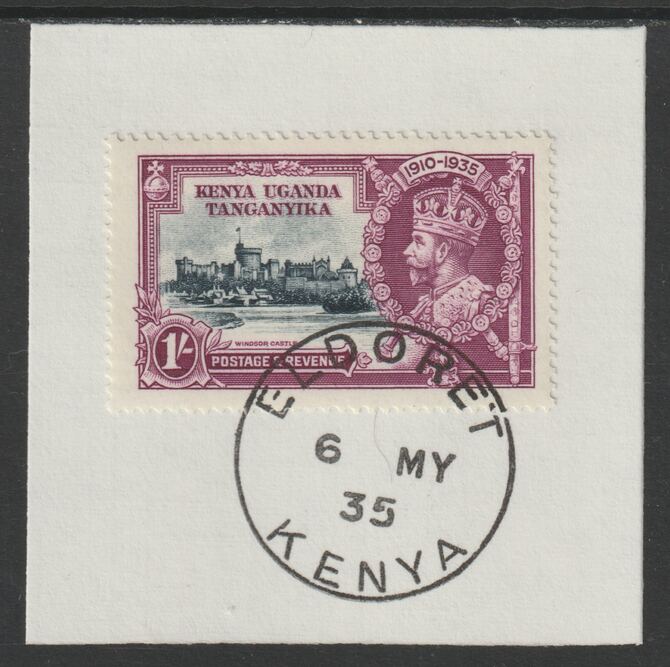 Kenya, Uganda & Tanganyika 1935 KG5 Silver Jubilee 1s (SG 127) on piece with full strike of Madame Joseph forged postmark type 224 (First day of issue), stamps on , stamps on  kg5 , stamps on silver jubilee, stamps on castles