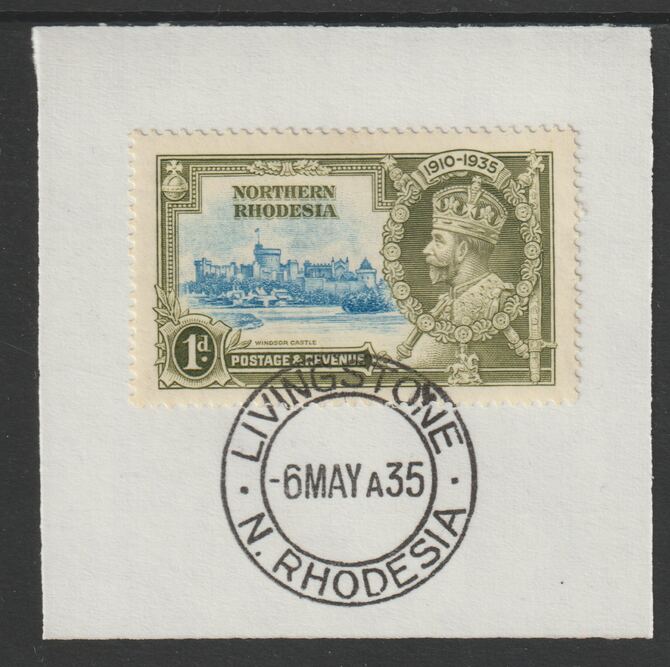 Northern Rhodesia 1935 KG5 Silver Jubilee 1d (SG 18) on piece with full strike of Madame Joseph forged postmark type 329 (First day of issue), stamps on , stamps on  stamps on , stamps on  stamps on  kg5 , stamps on  stamps on silver jubilee, stamps on  stamps on castles