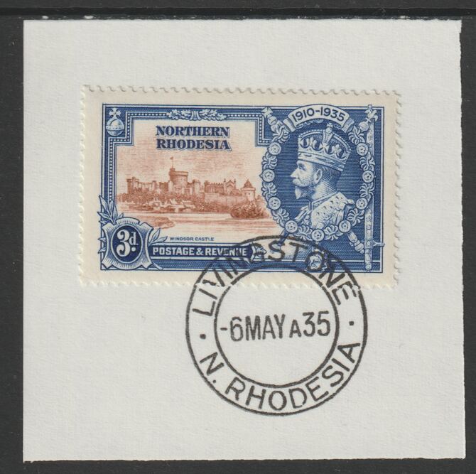 Northern Rhodesia 1935 KG5 Silver Jubilee 3d (SG 20) on piece with full strike of Madame Joseph forged postmark type 329 (First day of issue), stamps on , stamps on  kg5 , stamps on silver jubilee, stamps on castles