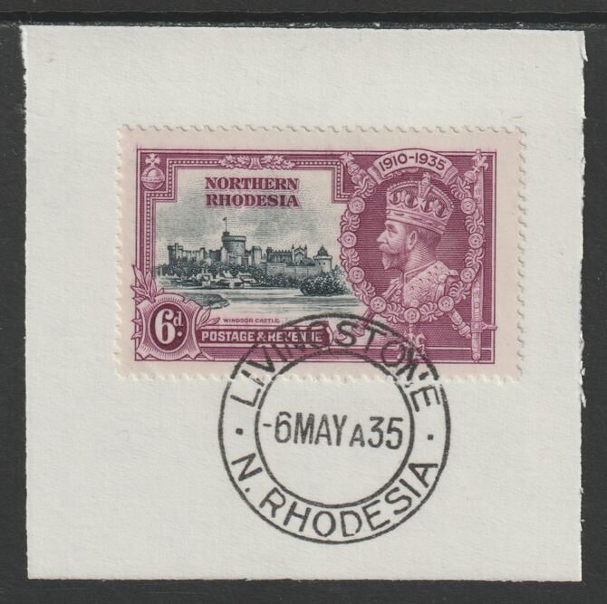 Northern Rhodesia 1935 KG5 Silver Jubilee 6d (SG 21) on piece with full strike of Madame Joseph forged postmark type 329 (First day of issue), stamps on , stamps on  stamps on , stamps on  stamps on  kg5 , stamps on  stamps on silver jubilee, stamps on  stamps on castles