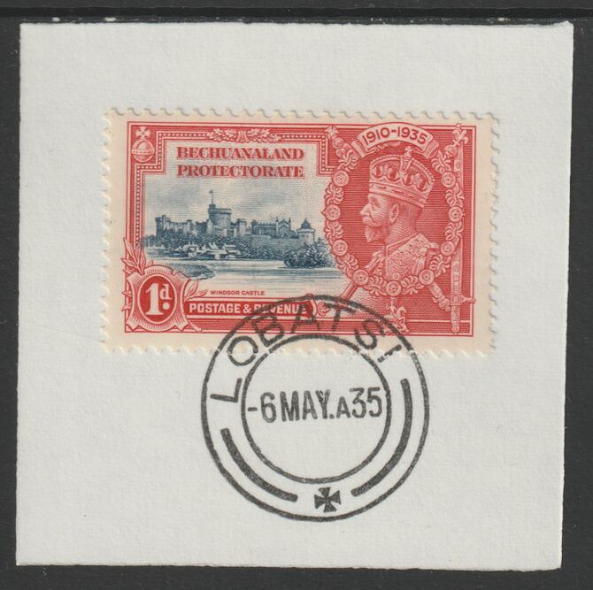 Bechuanaland 1935 KG5 Silver Jubilee 1d (SG 111) on piece with full strike of Madame Joseph forged postmark type 55 (First day of issue), stamps on , stamps on  stamps on , stamps on  stamps on  kg5 , stamps on  stamps on silver jubilee, stamps on  stamps on castles