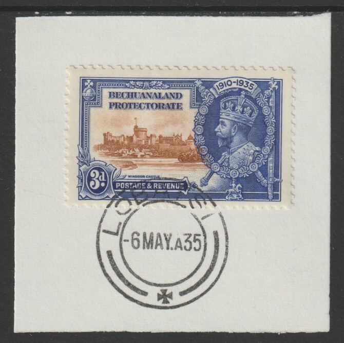 Bechuanaland 1935 KG5 Silver Jubilee 3d (SG 113) on piece with full strike of Madame Joseph forged postmark type 55 (First day of issue), stamps on , stamps on  stamps on , stamps on  stamps on  kg5 , stamps on  stamps on silver jubilee, stamps on  stamps on castles