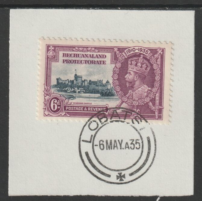 Bechuanaland 1935 KG5 Silver Jubilee 6d (SG 114) on piece with full strike of Madame Joseph forged postmark type 55 (First day of issue), stamps on , stamps on  stamps on , stamps on  stamps on  kg5 , stamps on  stamps on silver jubilee, stamps on  stamps on castles