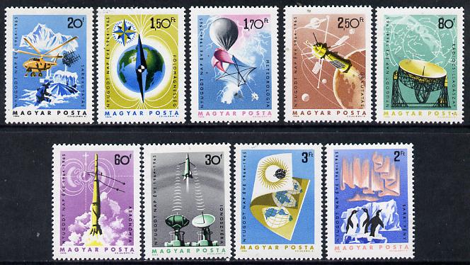 Hungary 1965 International Quiet Sun Year perf set of 9, Mi 2101-09 unmounted mint, stamps on space    weather   aviation    science    communication    environment    helicopter    polar