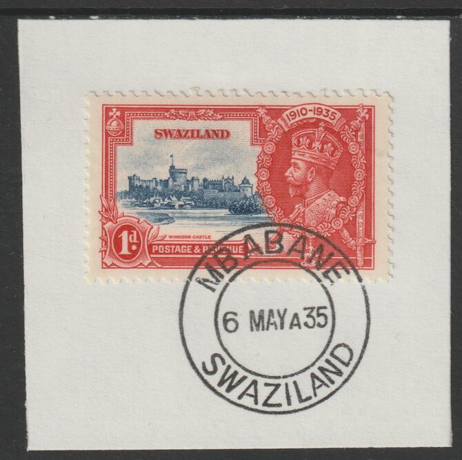 Swaziland 1935 KG5 Silver Jubilee 1d (SG 21) on piece with full strike of Madame Joseph forged postmark type 407 (First day of issue), stamps on , stamps on  stamps on , stamps on  stamps on  kg5 , stamps on  stamps on silver jubilee, stamps on  stamps on castles