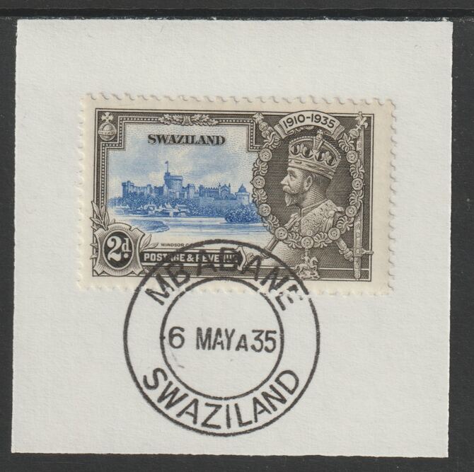 Swaziland 1935 KG5 Silver Jubilee 2d (SG 22) on piece with full strike of Madame Joseph forged postmark type 407 (First day of issue), stamps on , stamps on  stamps on , stamps on  stamps on  kg5 , stamps on  stamps on silver jubilee, stamps on  stamps on castles