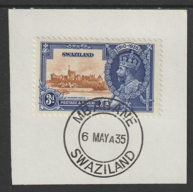 Swaziland 1935 KG5 Silver Jubilee 3d (SG 23) on piece with full strike of Madame Joseph forged postmark type 407 (First day of issue), stamps on , stamps on  stamps on , stamps on  stamps on  kg5 , stamps on  stamps on silver jubilee, stamps on  stamps on castles