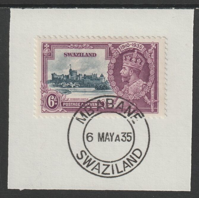 Swaziland 1935 KG5 Silver Jubilee 6d (SG 24) on piece with full strike of Madame Joseph forged postmark type 407 (First day of issue), stamps on , stamps on  kg5 , stamps on silver jubilee, stamps on castles