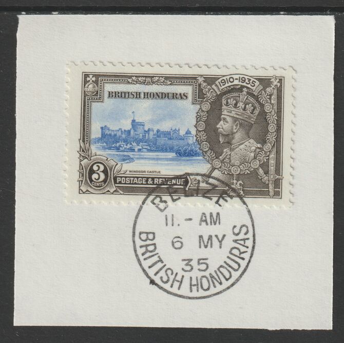 British Honduras 1935 KG5 Silver Jubilee 3c (SG 143) on piece with full strike of Madame Joseph forged postmark type 75 (First day of issue), stamps on , stamps on  kg5 , stamps on silver jubilee, stamps on castles