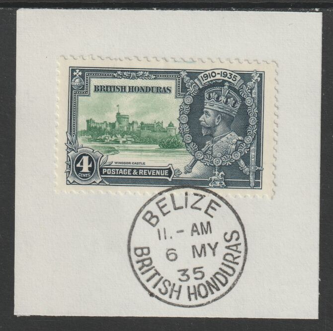 British Honduras 1935 KG5 Silver Jubilee 4c (SG 144) on piece with full strike of Madame Joseph forged postmark type 75 (First day of issue), stamps on , stamps on  stamps on , stamps on  stamps on  kg5 , stamps on  stamps on silver jubilee, stamps on  stamps on castles