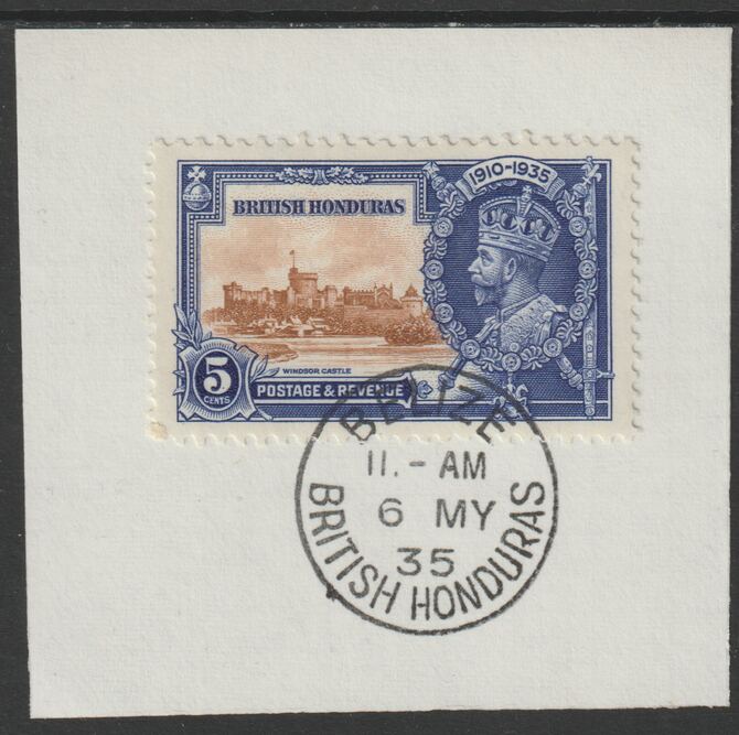 British Honduras 1935 KG5 Silver Jubilee 5c (SG 145) on piece with full strike of Madame Joseph forged postmark type 75 (First day of issue), stamps on , stamps on  kg5 , stamps on silver jubilee, stamps on castles