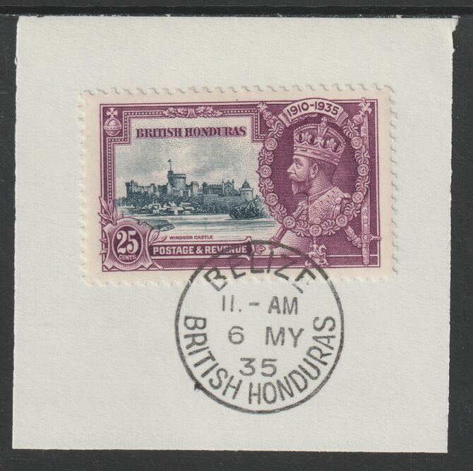 British Honduras 1935 KG5 Silver Jubilee 25c (SG 146) on piece with full strike of Madame Joseph forged postmark type 75 (First day of issue), stamps on , stamps on  stamps on , stamps on  stamps on  kg5 , stamps on  stamps on silver jubilee, stamps on  stamps on castles